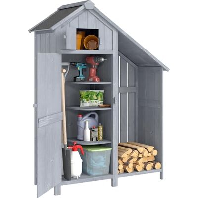 Outsunny Armoire de jardin en bois d'extérieur Résistant aux intempéries Avec toit en asphalte Étagère Armoire de rangement polyvalente pour jardin, terrasse 129 x 51,5 x 180 cm Gris - Publicité Outsunny Armoire de jardin en bois d'extérieur Résistant aux intempéries Avec toit en asphalte Étagère Armoire de rangement polyvalente pour jardin, terrasse 129 x 51,5 x 180 cm Gris - Publicité