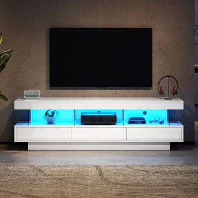 Merax Meuble TV LED brillant avec commande par application, Bluetooth, 3 compartiments en verre, gestion des câbles, pour téléviseur jusqu'à 70" – Design moderne 160 x 38 x 50,5 cm Blanc - Publicité Merax Meuble TV LED brillant avec commande par application, Bluetooth, 3 compartiments en verre, gestion des câbles, pour téléviseur jusqu'à 70" – Design moderne 160 x 38 x 50,5 cm Blanc - Publicité