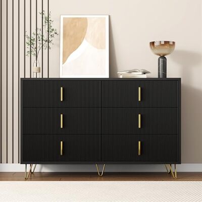Merax Élégant buffet à 6 tiroirs, 120 x 40 x 77 cm, poignées dorées et pieds en métal, design moderne pour salon, salle à manger et chambre à coucher, noir - Publicité Merax Élégant buffet à 6 tiroirs, 120 x 40 x 77 cm, poignées dorées et pieds en métal, design moderne pour salon, salle à manger et chambre à coucher, noir - Publicité