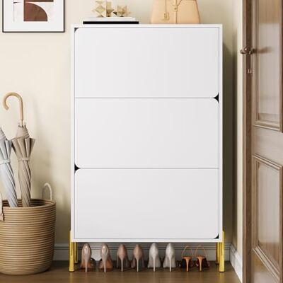 Merax Armoire à chaussures 73 x 24 x 120 cm, avec pieds dorés et 3 portes, design sans poignée, espace de rangement à plusieurs niveaux, peu encombrant, pour entrée et balcon, blanc - Publicité Merax Armoire à chaussures 73 x 24 x 120 cm, avec pieds dorés et 3 portes, design sans poignée, espace de rangement à plusieurs niveaux, peu encombrant, pour entrée et balcon, blanc - Publicité