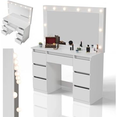 Juskys Coiffeuse Lilia avec Miroir LED, 7 tiroirs, 3 Niveaux d'éclairage, Beaucoup d'espace de Rangement, Design Moderne, compacte & Facile d'entretien pour Le Maquillage Blanc - Publicité Juskys Coiffeuse Lilia avec Miroir LED, 7 tiroirs, 3 Niveaux d'éclairage, Beaucoup d'espace de Rangement, Design Moderne, compacte & Facile d'entretien pour Le Maquillage Blanc - Publicité