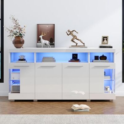 BTM Meuble Appoint Blanc 140x40x70 cm LED, Verre Trempé 3 Compartiments Haute Brillance - Publicité BTM Meuble Appoint Blanc 140x40x70 cm LED, Verre Trempé 3 Compartiments Haute Brillance - Publicité