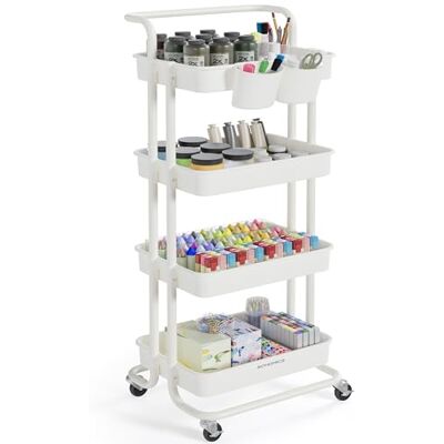 SONGMICS Chariot de Rangement, 4 Niveaux, Desserte sur roulettes, Étagère, Poignée, 2 Pots, 2 Freins, Paniers en Plastique, Montage Facile, Chambre, Cuisine, Blanc BSC077WZ01 - Publicité SONGMICS Chariot de Rangement, 4 Niveaux, Desserte sur roulettes, Étagère, Poignée, 2 Pots, 2 Freins, Paniers en Plastique, Montage Facile, Chambre, Cuisine, Blanc BSC077WZ01 - Publicité