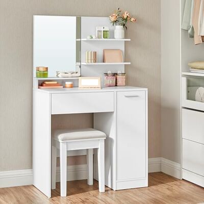VASAGLE Kailyn Collection Coiffeuse avec Miroir et Tabouret, Compartiment avec 2 Étagères Réglables, 1 Tiroir, 2 Étagères, Coin Beauté, Style Moderne, Blanc RDT719W01 - Publicité VASAGLE Kailyn Collection Coiffeuse avec Miroir et Tabouret, Compartiment avec 2 Étagères Réglables, 1 Tiroir, 2 Étagères, Coin Beauté, Style Moderne, Blanc RDT719W01 - Publicité