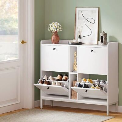 YITAHOME Meuble à Chaussures, Armoires à Chaussures avec 4 tiroirs rabattables avec 2 étagères Ouvertes, 108 x 27,5 x 95,5 cm, séparateur réglable et Amovible, 16 Paires, pour Couloir et Salon, Blanc - Publicité YITAHOME Meuble à Chaussures, Armoires à Chaussures avec 4 tiroirs rabattables avec 2 étagères Ouvertes, 108 x 27,5 x 95,5 cm, séparateur réglable et Amovible, 16 Paires, pour Couloir et Salon, Blanc - Publicité