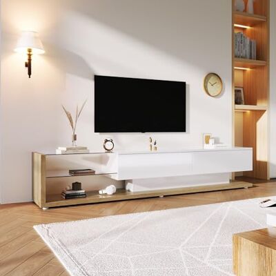 Merax Meuble TV bas avec éclairage LED Blanc brillant Meuble moderne avec support en verre et deux grands tiroirs 170 x 36 x 38 cm - Publicité Merax Meuble TV bas avec éclairage LED Blanc brillant Meuble moderne avec support en verre et deux grands tiroirs 170 x 36 x 38 cm - Publicité