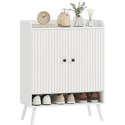 HOMCOM Meuble à chaussures 2 portes à lattes, Meuble de Rangement d'entrée avec étagères réglables, compartiment ouvert, pour 15 paires de chaussures, 75 x 35 x 97 cm, blanc - Publicité HOMCOM Meuble à chaussures 2 portes à lattes, Meuble de Rangement d'entrée avec étagères réglables, compartiment ouvert, pour 15 paires de chaussures, 75 x 35 x 97 cm, blanc - Publicité