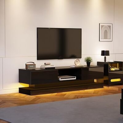 BTM Meuble TV Noir et Bois avec Eclairage LED Variable, Meuble TV Moderne avec 2 Tiroirs et 1 Compartiment, Convient pour Salon, Meuble Télé pour Téléviseurs de 60 Pouces, 160x35x40.5cm - Publicité BTM Meuble TV Noir et Bois avec Eclairage LED Variable, Meuble TV Moderne avec 2 Tiroirs et 1 Compartiment, Convient pour Salon, Meuble Télé pour Téléviseurs de 60 Pouces, 160x35x40.5cm - Publicité
