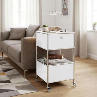 KARAT Table d’Appoint avec roulettes, Caisson de Rangement, Structure Métal Blanc & Chrome, H69 x L40 x P40 cm – Étagère pour Salon, Bureau ou Entrée – Concept Epure MK-145 (Blanc) - Publicité KARAT Table d’Appoint avec roulettes, Caisson de Rangement, Structure Métal Blanc & Chrome, H69 x L40 x P40 cm – Étagère pour Salon, Bureau ou Entrée – Concept Epure MK-145 (Blanc) - Publicité