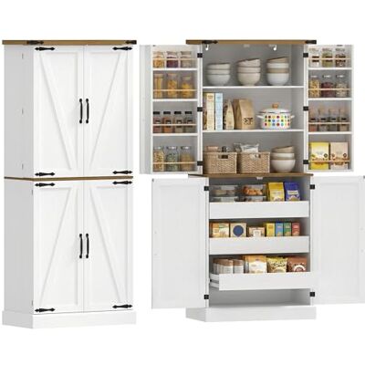 HOMCOM Buffet haut cuisine, armoire de cuisine, vaisselier, 4 portes, 3 tiroirs, 8 porte-racks et étagères réglables, style rustique, meuble de rangement pour salon, salle à manger, 76x40x182cm, blanc - Publicité HOMCOM Buffet haut cuisine, armoire de cuisine, vaisselier, 4 portes, 3 tiroirs, 8 porte-racks et étagères réglables, style rustique, meuble de rangement pour salon, salle à manger, 76x40x182cm, blanc - Publicité