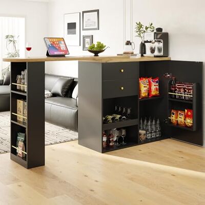 Merax Table de Bar de Salon,îlot de Cuisine, pivotante à 360°, avec 2 tiroirs, Armoire à Portes coulissantes et 3 étagères Ouvertes, Bureau Multifonction pour Salon Noir - Publicité Merax Table de Bar de Salon,îlot de Cuisine, pivotante à 360°, avec 2 tiroirs, Armoire à Portes coulissantes et 3 étagères Ouvertes, Bureau Multifonction pour Salon Noir - Publicité