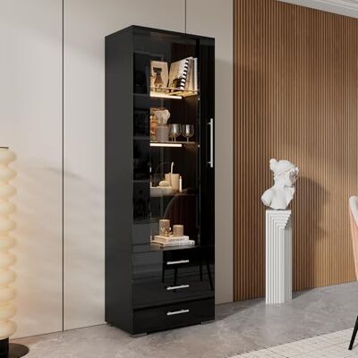 Merax Vitrine en verre avec éclairage LED, meuble de rangement brillant noir avec portes et 3 tiroirs, buffet haut de 180 cm, bibliothèque, buffet de cuisine, meuble polyvalent pour salon, chambre - Publicité Merax Vitrine en verre avec éclairage LED, meuble de rangement brillant noir avec portes et 3 tiroirs, buffet haut de 180 cm, bibliothèque, buffet de cuisine, meuble polyvalent pour salon, chambre - Publicité