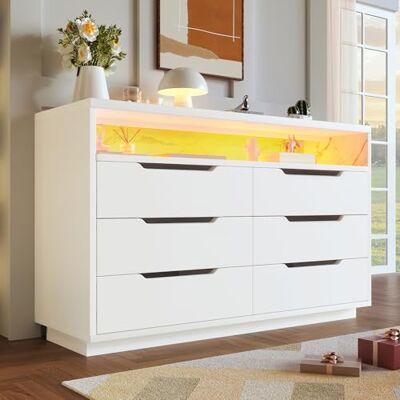 Merax Commode blanche à 6 tiroirs, 120 cm de large, avec éclairage LED, étagère ouverte, commode moderne pour chambre, salon, couloir, multifonctionnelle, en bois, coulisses - Publicité Merax Commode blanche à 6 tiroirs, 120 cm de large, avec éclairage LED, étagère ouverte, commode moderne pour chambre, salon, couloir, multifonctionnelle, en bois, coulisses - Publicité