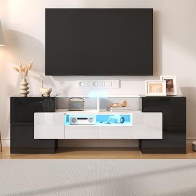 BTM Meuble TV LED, Moderne avec Rangement, Bas en Verre, Meuble TV Salon, Charge 60kg, 150 x30x51 cm, Blanc et Noir - Publicité BTM Meuble TV LED, Moderne avec Rangement, Bas en Verre, Meuble TV Salon, Charge 60kg, 150 x30x51 cm, Blanc et Noir - Publicité
