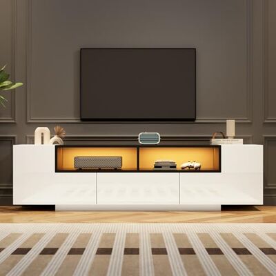 Merax Meuble TV LED Blanc Brillant,Support TV pour Téléviseur 75 Pouces,2 Armoires en L + 1 Tiroir,Lowboard Moderne avec Éclairage Bluetooth,180 x 40 x 48 cm (Blanc/Noir) - Publicité Merax Meuble TV LED Blanc Brillant,Support TV pour Téléviseur 75 Pouces,2 Armoires en L + 1 Tiroir,Lowboard Moderne avec Éclairage Bluetooth,180 x 40 x 48 cm (Blanc/Noir) - Publicité