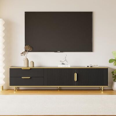 Merax Meuble TV bas avec tiroirs Meuble TV moderne avec poignées et pieds dorés Table TV pour salon et salle à manger Noir 175 x 40 x 45 cm (L x l x H) - Publicité Merax Meuble TV bas avec tiroirs Meuble TV moderne avec poignées et pieds dorés Table TV pour salon et salle à manger Noir 175 x 40 x 45 cm (L x l x H) - Publicité