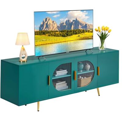 VEVOR Meuble TV pour Télévision Jusqu’à 190,5 cm, Banc TV Moderne, Centre de Divertissement avec Portes Vitrées, Pieds Dorés et Étagères Réglables, Rangement pour Salon, Salle Multimédia, Vert - Publicité VEVOR Meuble TV pour Télévision Jusqu’à 190,5 cm, Banc TV Moderne, Centre de Divertissement avec Portes Vitrées, Pieds Dorés et Étagères Réglables, Rangement pour Salon, Salle Multimédia, Vert - Publicité