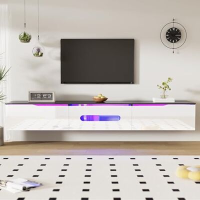 BTM Meuble TV Blanc et Noir avec Éclairage LED, Meuble TV Moderne avec Rangement, Meuble Télé 180cm pour Salon, Suspendu ou au Sol, Porte Pliante Haute Brillance, Charge de 50kg, 180x35x30cm - Publicité BTM Meuble TV Blanc et Noir avec Éclairage LED, Meuble TV Moderne avec Rangement, Meuble Télé 180cm pour Salon, Suspendu ou au Sol, Porte Pliante Haute Brillance, Charge de 50kg, 180x35x30cm - Publicité