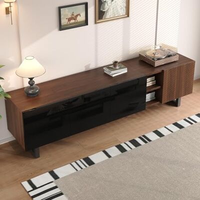 Merax Meuble TV 180 x 38 x 50 cm, avec 4 portes et design sans poignée, meuble bas minimaliste avec façade brillante et grain de bois, cadre en fer stable, support TV moderne, noir et naturel - Publicité Merax Meuble TV 180 x 38 x 50 cm, avec 4 portes et design sans poignée, meuble bas minimaliste avec façade brillante et grain de bois, cadre en fer stable, support TV moderne, noir et naturel - Publicité