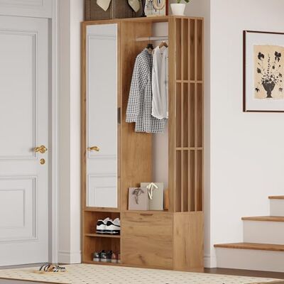 Merax Armoire de couloir moderne 100x33x190 cm – Meuble de couloir 6-en-1 avec miroir, armoire à chaussures, porte-vêtements ouvert, étagère et banc – Armoire en bois pour l'entrée et le couloir - Publicité Merax Armoire de couloir moderne 100x33x190 cm – Meuble de couloir 6-en-1 avec miroir, armoire à chaussures, porte-vêtements ouvert, étagère et banc – Armoire en bois pour l'entrée et le couloir - Publicité