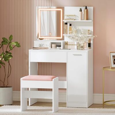 VASAGLE Kailyn Collection Coiffeuse avec Miroir LED et Tabouret, avec Multiprise, Compartiment avec 2 Étagères Réglables, 1 Tiroir, 2 Étagères, Coin Beauté, Moderne, Blanc RDT738W01 - Publicité VASAGLE Kailyn Collection Coiffeuse avec Miroir LED et Tabouret, avec Multiprise, Compartiment avec 2 Étagères Réglables, 1 Tiroir, 2 Étagères, Coin Beauté, Moderne, Blanc RDT738W01 - Publicité
