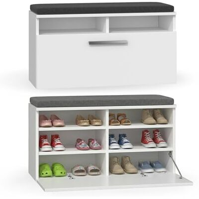 CDF Meuble à Chaussures avec Banc intégré, Coussin d'assise, Banc d'entrée, Coffre à Chaussures, Armoire-Banc avec Porte battante, 6 Compartiments, mobilier d'entrée 85 x 35 x 46 cm Blanc - Publicité CDF Meuble à Chaussures avec Banc intégré, Coussin d'assise, Banc d'entrée, Coffre à Chaussures, Armoire-Banc avec Porte battante, 6 Compartiments, mobilier d'entrée 85 x 35 x 46 cm Blanc - Publicité