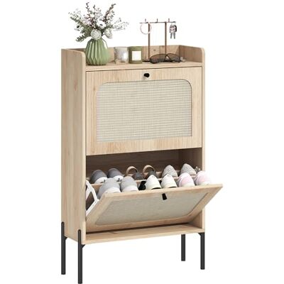 HOMCOM Meuble à Chaussures 12 Paires, Armoire à Chaussures étroite Style bohème avec Portes en rotin, 2 tiroirs rabattables et étagères Ajustables pour entrée et Couloir, 60x23,7x99,5cm, chêne - Publicité HOMCOM Meuble à Chaussures 12 Paires, Armoire à Chaussures étroite Style bohème avec Portes en rotin, 2 tiroirs rabattables et étagères Ajustables pour entrée et Couloir, 60x23,7x99,5cm, chêne - Publicité