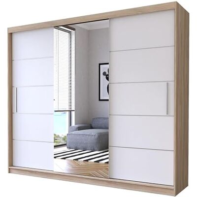 Fabryka Mebli Idźczak Armoire à portes coulissantes Alba 250 cm armoire à portes coulissantes avec miroir penderie avec penderie et étagère armoire de chambre à coucher portes coulissantes design moderne (Sonoma blanc) - Publicité Fabryka Mebli Idźczak Armoire à portes coulissantes Alba 250 cm armoire à portes coulissantes avec miroir penderie avec penderie et étagère armoire de chambre à coucher portes coulissantes design moderne (Sonoma blanc) - Publicité