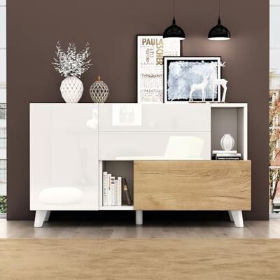 Merax Buffet blanc à haute brillance avec finition bois, moderne pour salle à manger avec espace de rangement, portes sans poignées, meuble de salon minimaliste scandinave, rangement multifonctionnel - Publicité Merax Buffet blanc à haute brillance avec finition bois, moderne pour salle à manger avec espace de rangement, portes sans poignées, meuble de salon minimaliste scandinave, rangement multifonctionnel - Publicité