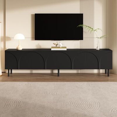 BTM Meuble TV Bas à Lignes Courbes Tridimensionnelles, 4 Portes, 2 Espaces de Rangement Indépendants, Pieds Métalliques pour Salon - Publicité BTM Meuble TV Bas à Lignes Courbes Tridimensionnelles, 4 Portes, 2 Espaces de Rangement Indépendants, Pieds Métalliques pour Salon - Publicité