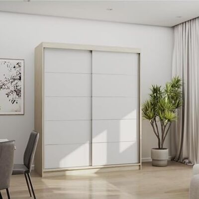 Fabryka Mebli Idźczak Armoire Porte Coulissante avec Penderie 160 cm Bono 06, Bandes Décoratives, Armoire Rangement Chambre Chêne Sonoma/Blanc - Publicité Fabryka Mebli Idźczak Armoire Porte Coulissante avec Penderie 160 cm Bono 06, Bandes Décoratives, Armoire Rangement Chambre Chêne Sonoma/Blanc - Publicité