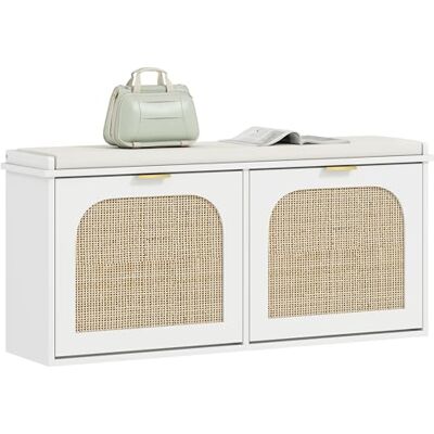 HOMCOM Banc de Chaussures étroit avec siège rembourré et 2 tiroirs rabattables, Banc de Rangement de Chaussures Boho avec Portes en rotin et étagères réglables pour Le Couloir, l'entrée, Peut - Publicité HOMCOM Banc de Chaussures étroit avec siège rembourré et 2 tiroirs rabattables, Banc de Rangement de Chaussures Boho avec Portes en rotin et étagères réglables pour Le Couloir, l'entrée, Peut - Publicité