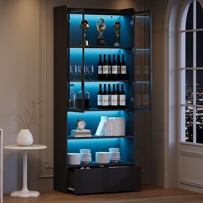 Merax Vitrine LED 80x34x180 cm Noir – Meuble Vitrine Haut avec 1 Tiroir, Portes en Verre, Étagères Compartimentées, Highboard Armoire de Rangement Salon - Publicité Merax Vitrine LED 80x34x180 cm Noir – Meuble Vitrine Haut avec 1 Tiroir, Portes en Verre, Étagères Compartimentées, Highboard Armoire de Rangement Salon - Publicité