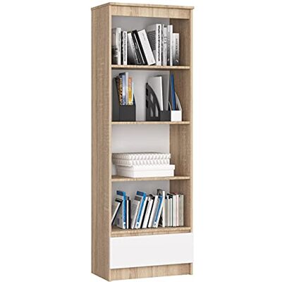 AKORD Bibliothèque de Bureau Rangement 60 cm 1 Tiroir 4 Étagères Meuble Support pour Documents Livres pour Une Chambre Bureau Panneau Stratifié 16mm Chêne Sonoma & Blanc Façade - Publicité AKORD Bibliothèque de Bureau Rangement 60 cm 1 Tiroir 4 Étagères Meuble Support pour Documents Livres pour Une Chambre Bureau Panneau Stratifié 16mm Chêne Sonoma & Blanc Façade - Publicité