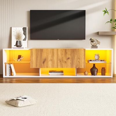 Merax Meuble TV pour téléviseur jusqu'à 70", centre de divertissement TV moderne avec étagères en verre, 2 tiroirs blanc et bois, support TV pour salon et chambre à coucher, 160 x 40 x 42 cm - Publicité Merax Meuble TV pour téléviseur jusqu'à 70", centre de divertissement TV moderne avec étagères en verre, 2 tiroirs blanc et bois, support TV pour salon et chambre à coucher, 160 x 40 x 42 cm - Publicité