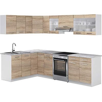 Vicco Cuisine d'angle Rick, Sonoma/Blanc, 270x60cm, PT Marbre, avec modules combinables et Pieds réglables en Hauteur - Publicité Vicco Cuisine d'angle Rick, Sonoma/Blanc, 270x60cm, PT Marbre, avec modules combinables et Pieds réglables en Hauteur - Publicité