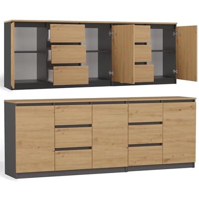 CDF Commode 200cm Chêne Artisan Anthracite 3 Portes 6 Tiroirs sans Poignées Meuble de Rangement Salon Chambre Bureau Entrée Couloir Grand Espace Design Moderne Rails Rouleaux Panneau Particules 16mm - Publicité CDF Commode 200cm Chêne Artisan Anthracite 3 Portes 6 Tiroirs sans Poignées Meuble de Rangement Salon Chambre Bureau Entrée Couloir Grand Espace Design Moderne Rails Rouleaux Panneau Particules 16mm - Publicité