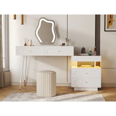 BTM Table de Maquillage avec Miroir LED, Set Blanc pour Chambre, 4 Tiroirs spacieux & 1 Compartiment Ouvert, sans Tabouret, Dimensions: B140/T40/H130 cm - Publicité BTM Table de Maquillage avec Miroir LED, Set Blanc pour Chambre, 4 Tiroirs spacieux & 1 Compartiment Ouvert, sans Tabouret, Dimensions: B140/T40/H130 cm - Publicité