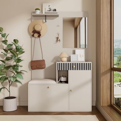 Merax Ensemble vestiaire compact 110 x 185,5 x 37 cm, avec armoire à chaussures, miroir et coussin rembourré, armoire de couloir, armoire avec tiroirs et étagères réglables, armoire d'entrée murale - Publicité Merax Ensemble vestiaire compact 110 x 185,5 x 37 cm, avec armoire à chaussures, miroir et coussin rembourré, armoire de couloir, armoire avec tiroirs et étagères réglables, armoire d'entrée murale - Publicité