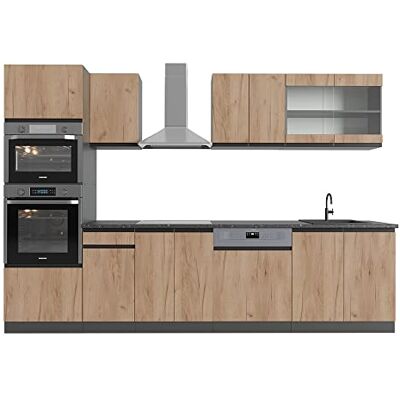 Vicco Cuisine R-Line, Chêne doré/Anthracite, 300cm J-Shape avec Armoire Haute, PT Anthracite, adapté à Une Extension Flexible avec des modules complémentaires - Publicité Vicco Cuisine R-Line, Chêne doré/Anthracite, 300cm J-Shape avec Armoire Haute, PT Anthracite, adapté à Une Extension Flexible avec des modules complémentaires - Publicité