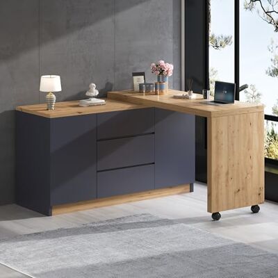 Merax Bureau d'ordinateur en forme de L avec roulettes pivotant et pliable, plateau de 4 cm d'épaisseur, bureau d'angle ou buffet, avec 3 tiroirs et 2 portes, gris foncé et couleur bois - Publicité Merax Bureau d'ordinateur en forme de L avec roulettes pivotant et pliable, plateau de 4 cm d'épaisseur, bureau d'angle ou buffet, avec 3 tiroirs et 2 portes, gris foncé et couleur bois - Publicité