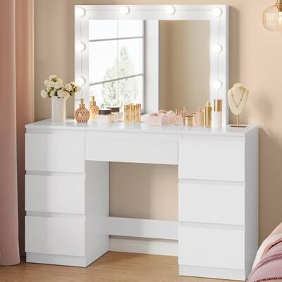 WOLTU Coiffeuse avec Miroir LED à Luminosité Réglable, Table de Maquillage avec 7 Tiroirs, Grand Espace de Rangement, Meuble Coiffeuse Moderne pour Chambre, 107 x 40 cm, en Bois, Blanc - Publicité WOLTU Coiffeuse avec Miroir LED à Luminosité Réglable, Table de Maquillage avec 7 Tiroirs, Grand Espace de Rangement, Meuble Coiffeuse Moderne pour Chambre, 107 x 40 cm, en Bois, Blanc - Publicité