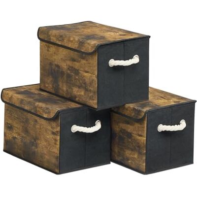 SONGMICS Lot de 3 boîtes de rangement pliables avec couvercle En tissu Pour armoire, poignées Pour chambre à coucher, salon 38 x 25 x 25 cm Marron vintage RFB013BH01 - Publicité SONGMICS Lot de 3 boîtes de rangement pliables avec couvercle En tissu Pour armoire, poignées Pour chambre à coucher, salon 38 x 25 x 25 cm Marron vintage RFB013BH01 - Publicité