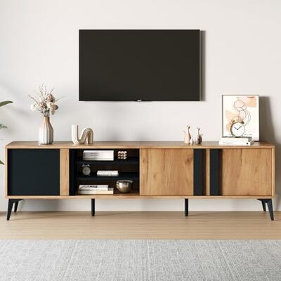 BTM MeubleTV Bois et Noir, 3 Portes et Compartiments Ouverts, Meuble Tele Bas pour Télé 80 Pouces, Banc TV Longueur Charge 50kg, 180 x40x50 cm - Publicité BTM MeubleTV Bois et Noir, 3 Portes et Compartiments Ouverts, Meuble Tele Bas pour Télé 80 Pouces, Banc TV Longueur Charge 50kg, 180 x40x50 cm - Publicité