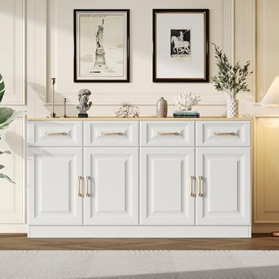 BTM Buffet 140 Cm, Espace De Rangement, 4 Tiroirs, 4 Portes, Style Moderne, Bois Blanc, pour Cuisine, Salle À Manger, Salon - Publicité BTM Buffet 140 Cm, Espace De Rangement, 4 Tiroirs, 4 Portes, Style Moderne, Bois Blanc, pour Cuisine, Salle À Manger, Salon - Publicité