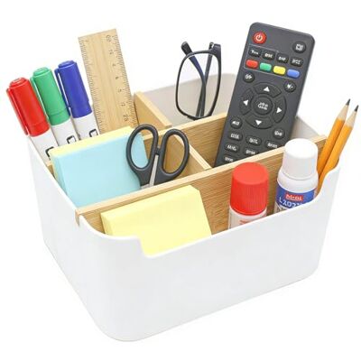 Tbintul Boîte de Rangement en Bambou à 5 Compartiments Organiseur de Bureau pour Crayons, cosmétiques, Notes Autocollantes Blanc - Publicité Tbintul Boîte de Rangement en Bambou à 5 Compartiments Organiseur de Bureau pour Crayons, cosmétiques, Notes Autocollantes Blanc - Publicité