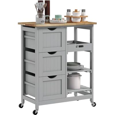 HOMCOM Desserte de Cuisine à roulettes, Chariot de Service, Plan de Travail en Bois d'hévéa, 3 tiroirs, Plateau Amovible, 2 étagères à Lattes, Chariot de Cuisine et Salle à Manger, 67x37x85,5cm, Gris - Publicité HOMCOM Desserte de Cuisine à roulettes, Chariot de Service, Plan de Travail en Bois d'hévéa, 3 tiroirs, Plateau Amovible, 2 étagères à Lattes, Chariot de Cuisine et Salle à Manger, 67x37x85,5cm, Gris - Publicité