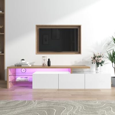BTM Meuble TV avec LED, Banc TV en Verre pour Salon, Moderne avec Rangement Pratique, Blanc et Bois, 200x39x42 cm - Publicité BTM Meuble TV avec LED, Banc TV en Verre pour Salon, Moderne avec Rangement Pratique, Blanc et Bois, 200x39x42 cm - Publicité
