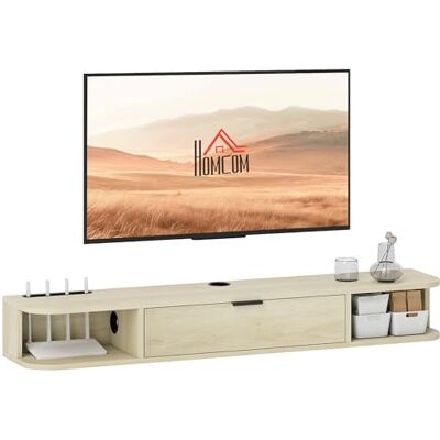 HOMCOM Meuble TV Suspendu 120 cm, Meuble Télé pour Téléviseur jusqu'à 50 Pouces, Tiroir Rabattable, 2 Étagères Ouvertes et Passe-Câbles, Banc TV Mural pour Salon, Bois Naturel - Publicité HOMCOM Meuble TV Suspendu 120 cm, Meuble Télé pour Téléviseur jusqu'à 50 Pouces, Tiroir Rabattable, 2 Étagères Ouvertes et Passe-Câbles, Banc TV Mural pour Salon, Bois Naturel - Publicité