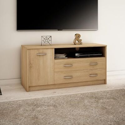 Home Collective Meuble TV Lowboard de 110 cm de large avec surface mate Table TV avec 1 porte, 2 tiroirs et 2 étagères, en panneau stratifié, bord arrondi et rails à roulettes en métal Commode TV sonoma - Publicité Home Collective Meuble TV Lowboard de 110 cm de large avec surface mate Table TV avec 1 porte, 2 tiroirs et 2 étagères, en panneau stratifié, bord arrondi et rails à roulettes en métal Commode TV sonoma - Publicité